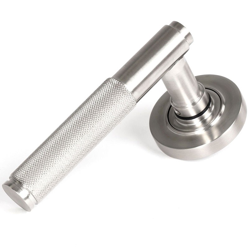 Brompton Unsprung Lever Door Handle on Round Rose Set - Satin Marine S